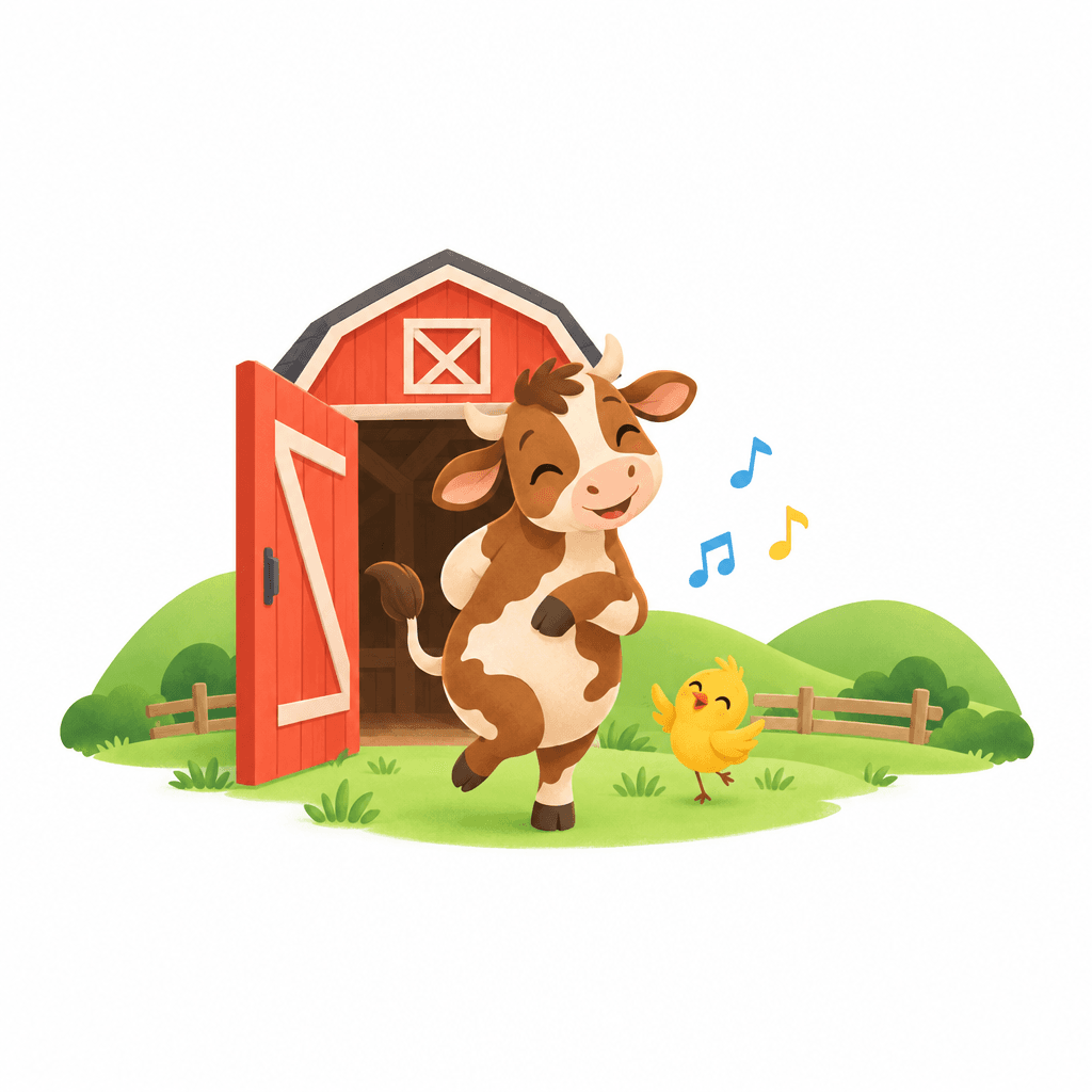 A dancing cow and yellow bird beside an open barn, with musical notes and a grassy base.